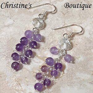 Amethyst Gemstones Grape Design Sterling Silver Earrings